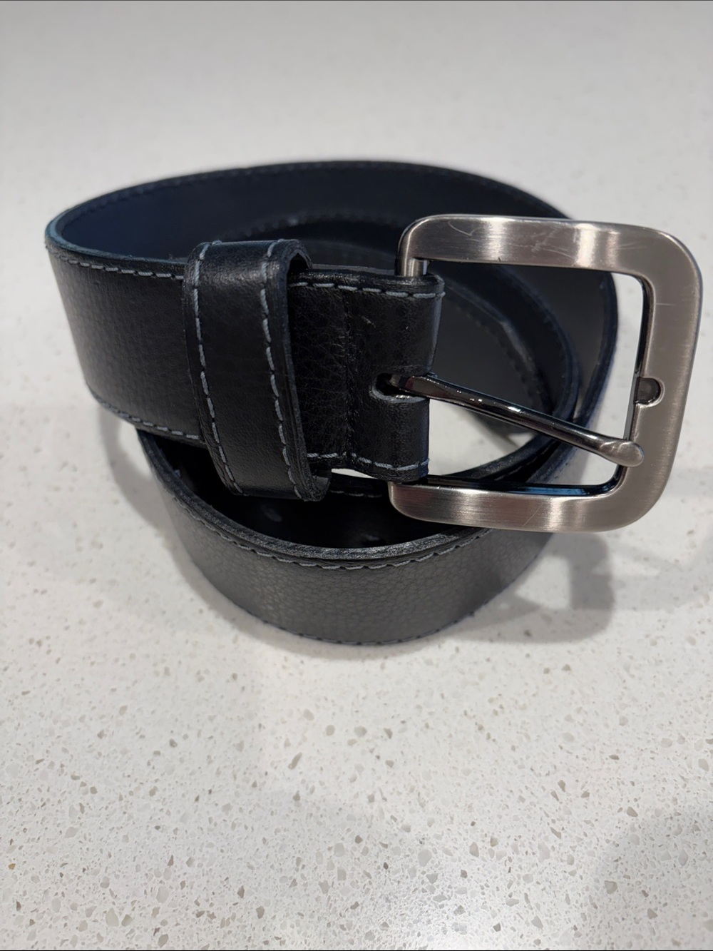 Classic Black Leather Belt with Brushed Silver Buckle